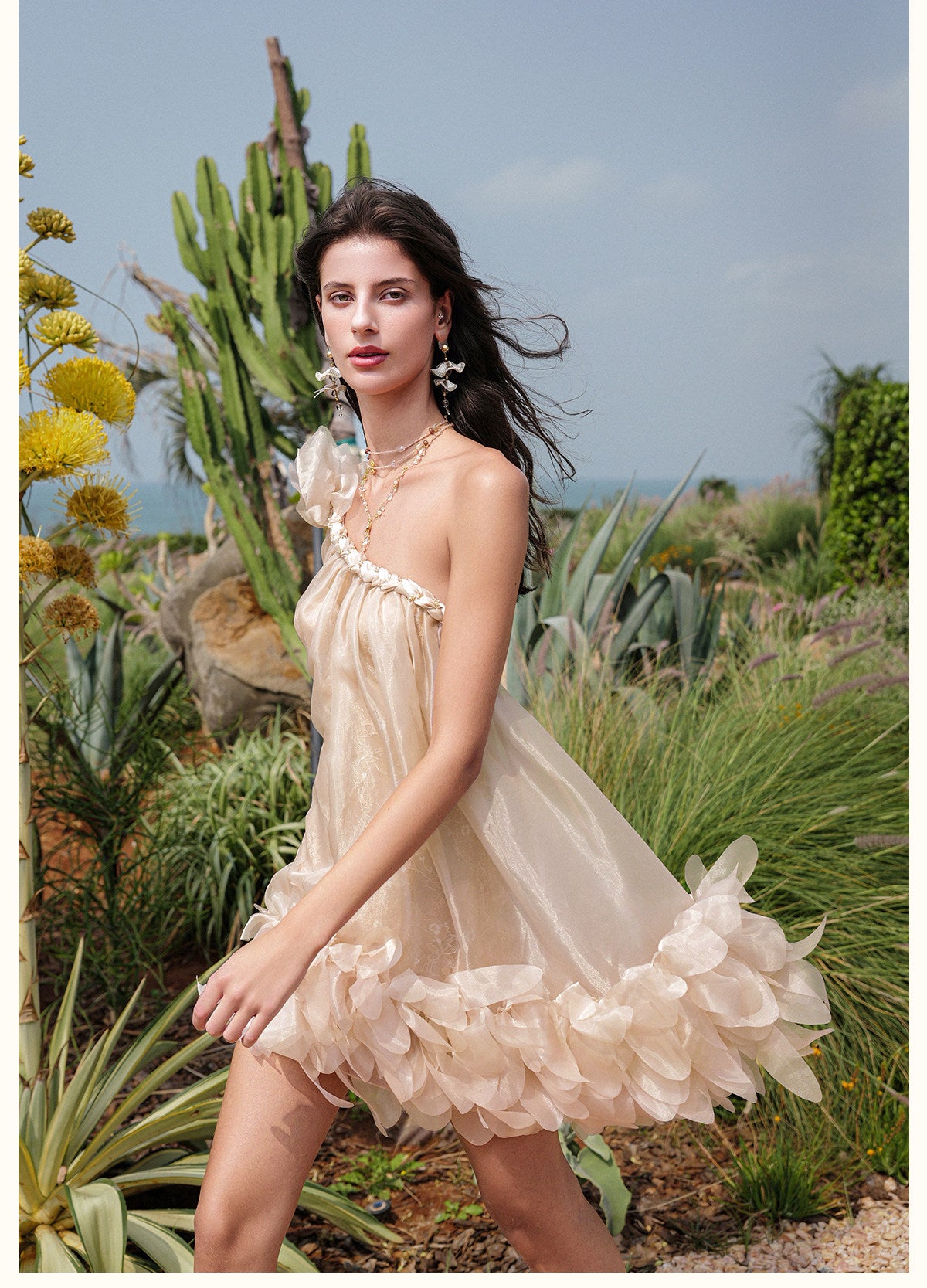 Sequined One-Shoulder Organza Dress