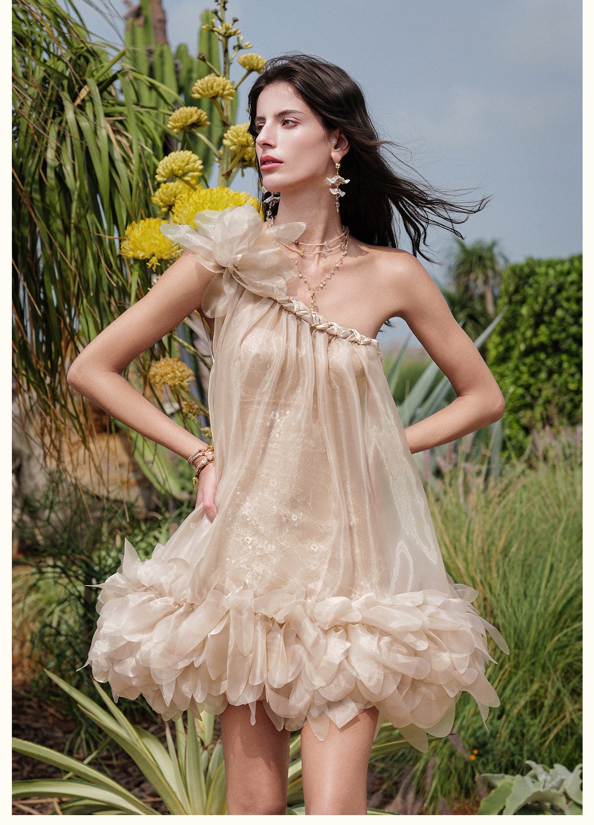 Sequined One-Shoulder Organza Dress