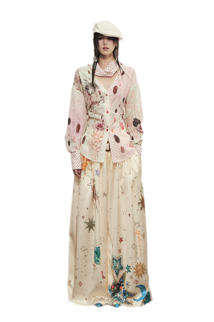 Printed Pleated Wide-Leg Pants