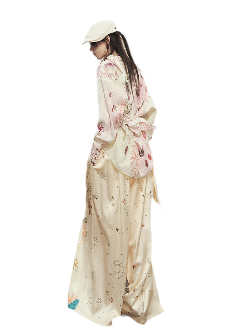 Printed Pleated Wide-Leg Pants
