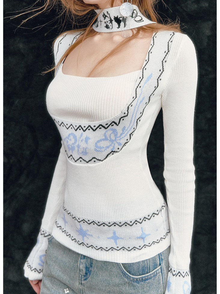 Fair Isle Square-Neck Knit Top