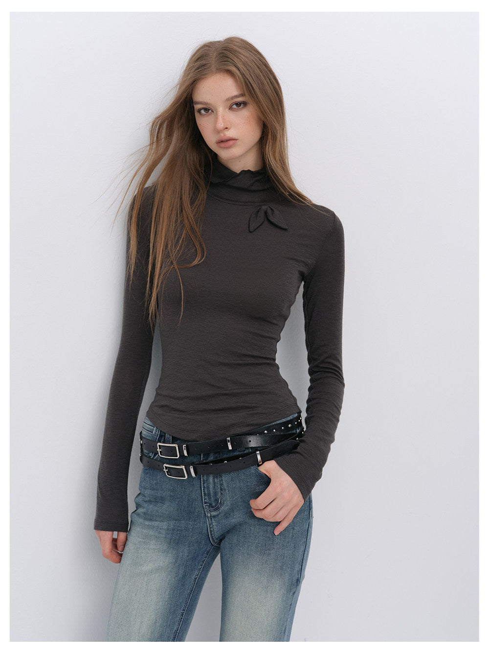 Lyocell Bow High-Neck T-Shirt