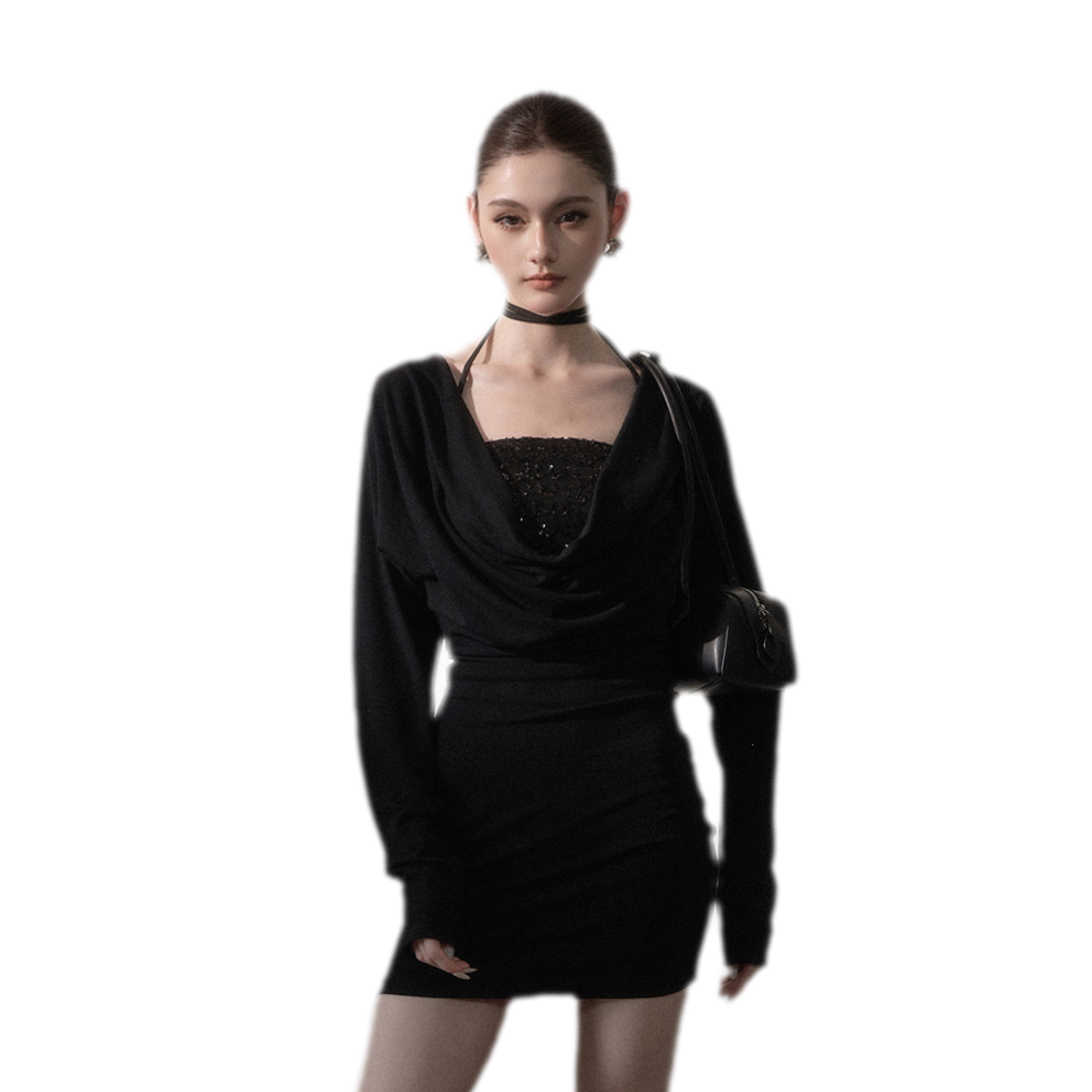 Sequined Draped Cowl Bodycon Dress