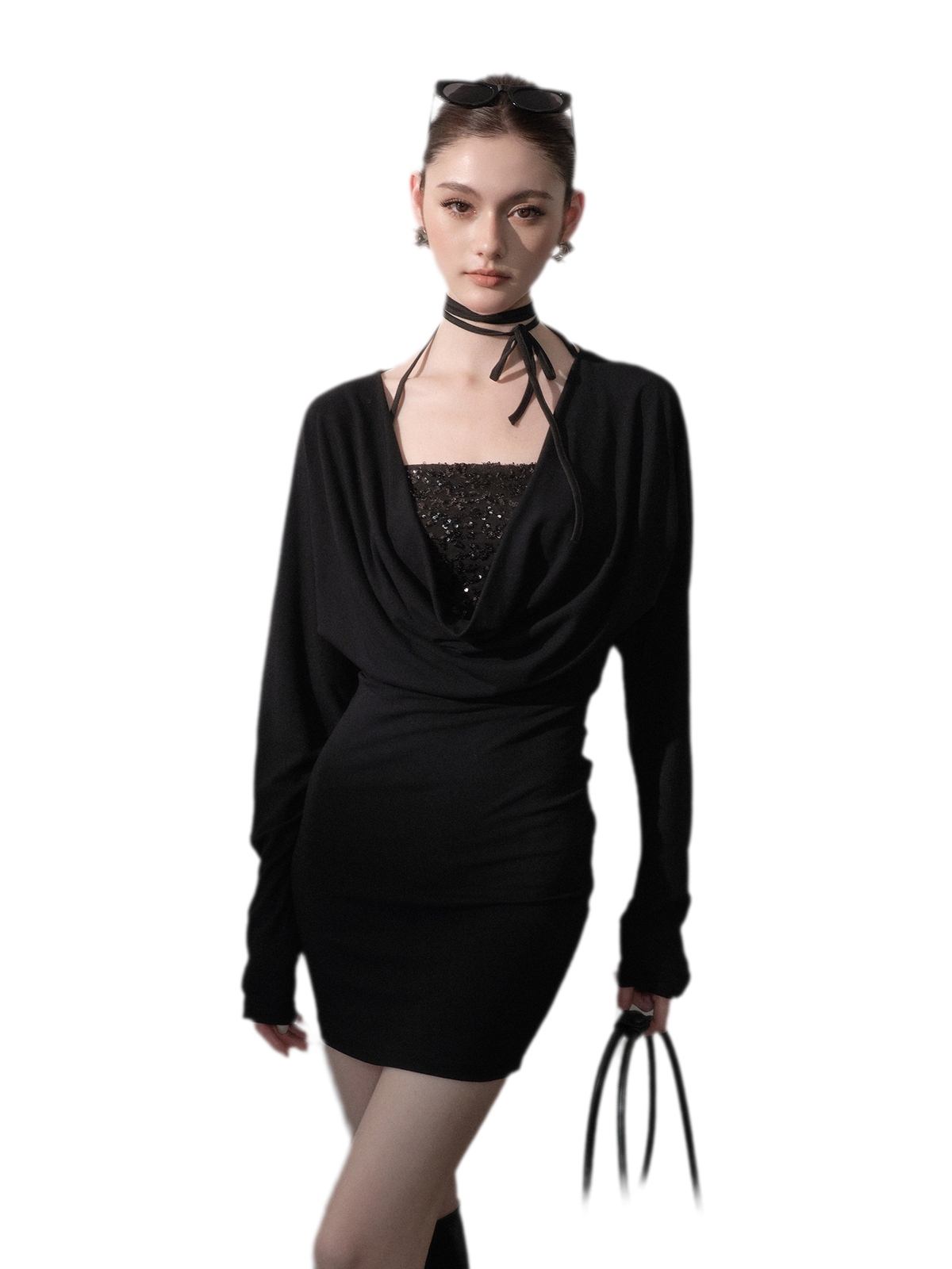 Sequined Draped Cowl Bodycon Dress