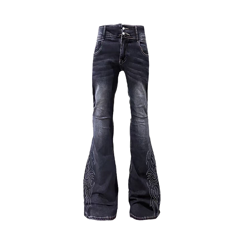 Embroidered Flared Wide-Leg Jeans