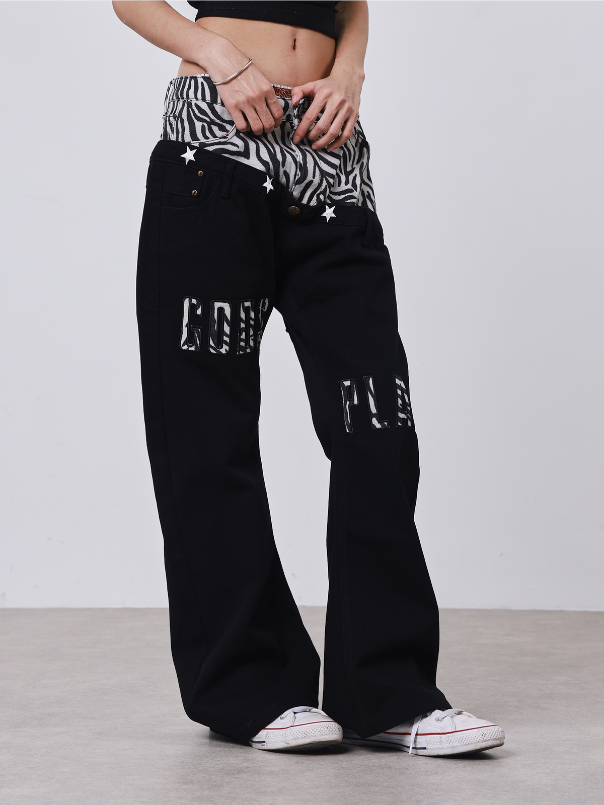 Zebra Panel Flared Jeans