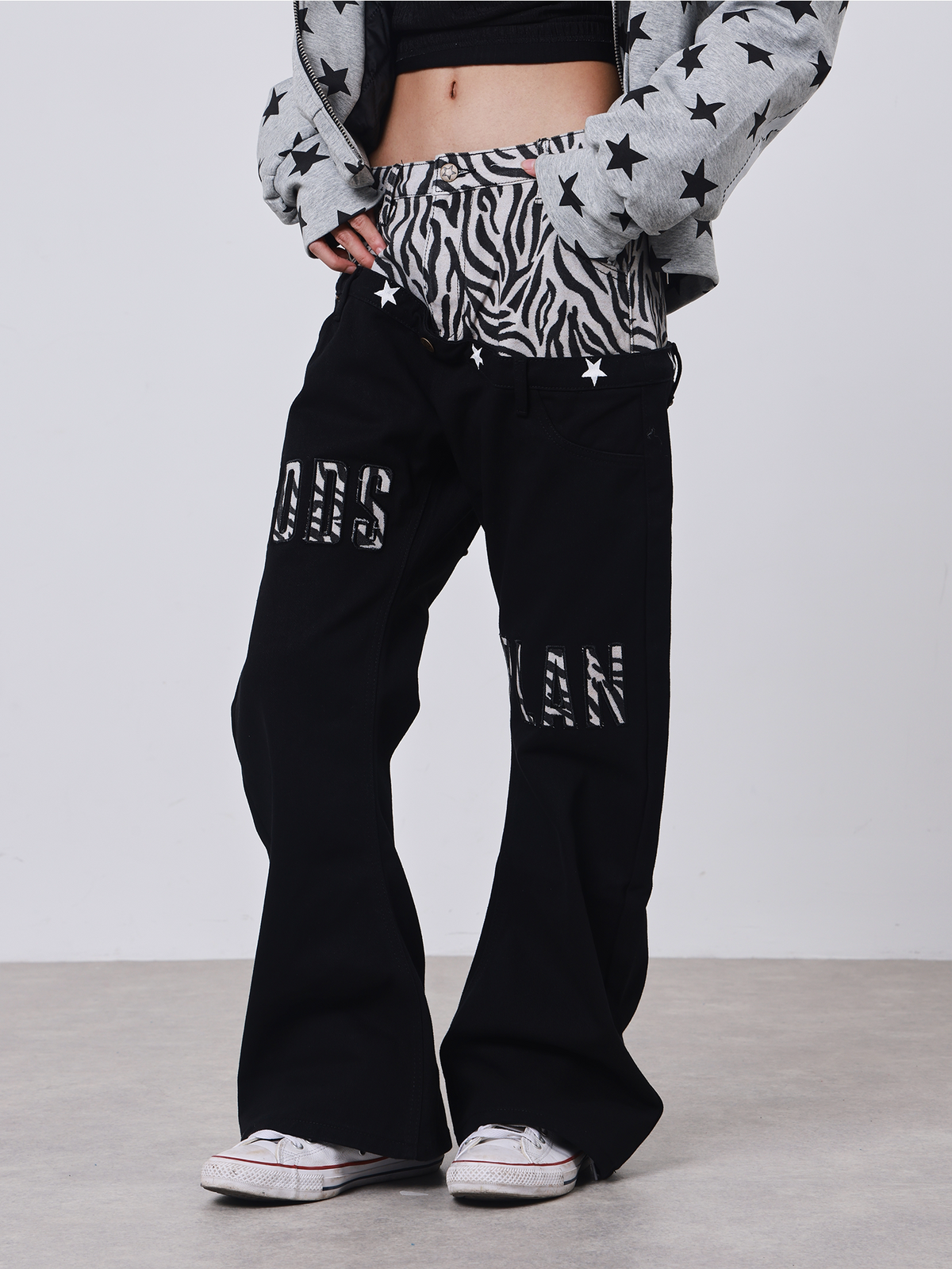 Zebra Panel Flared Jeans