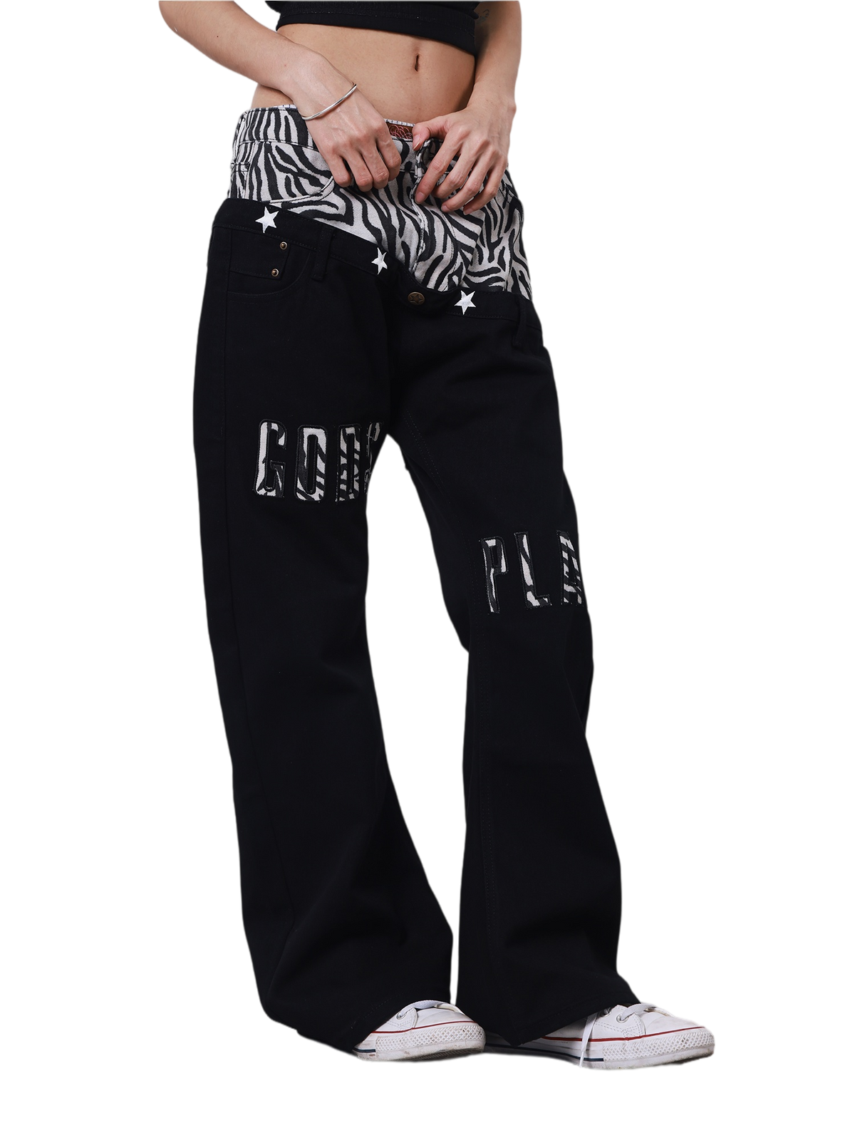 Zebra Panel Flared Jeans