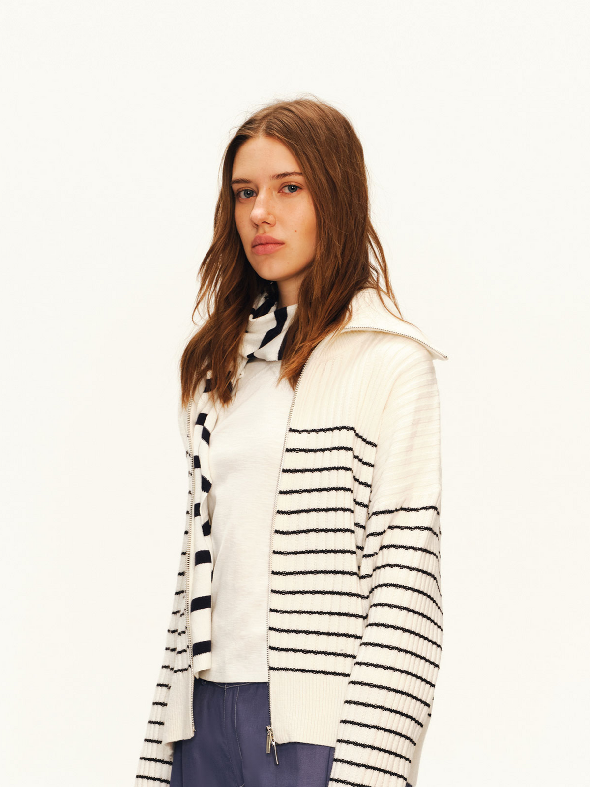 Striped Stand-Collar Zip Cardigan
