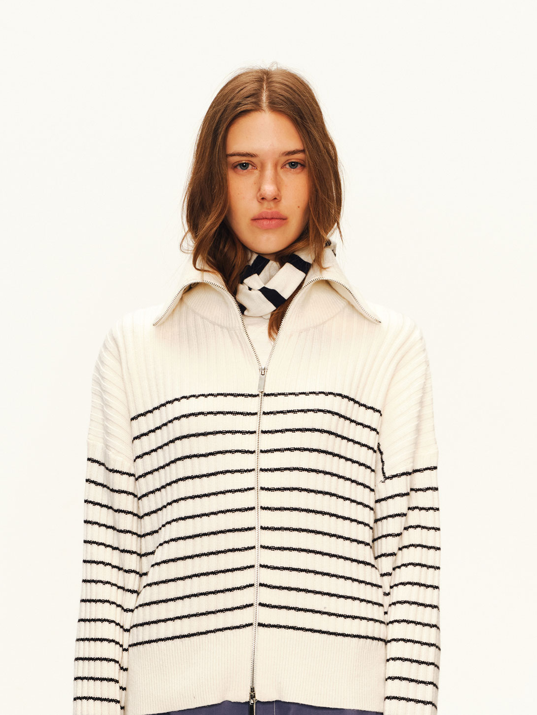 Striped Stand-Collar Zip Cardigan