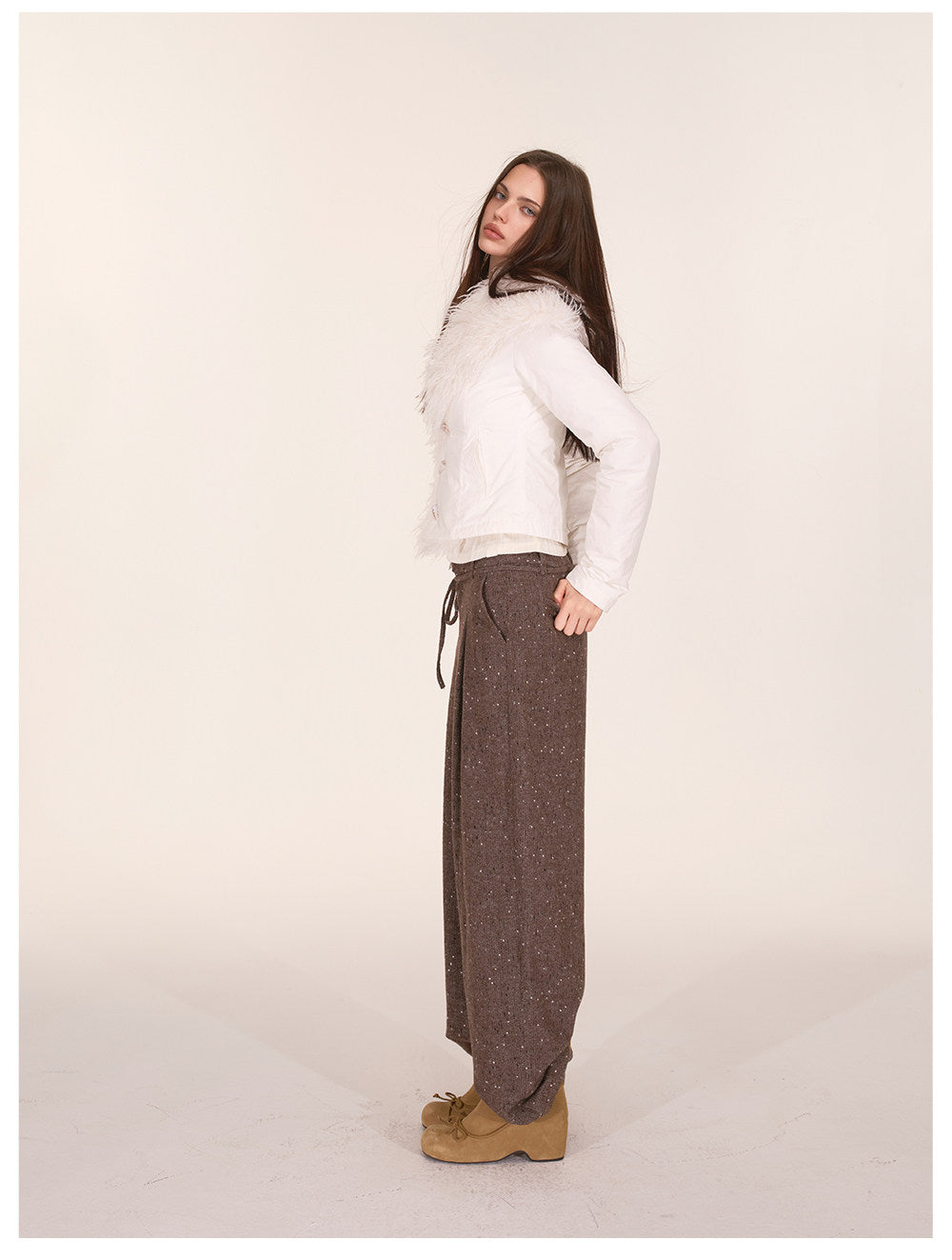 Wool Tweed Drawstring Wide-Leg Trousers
