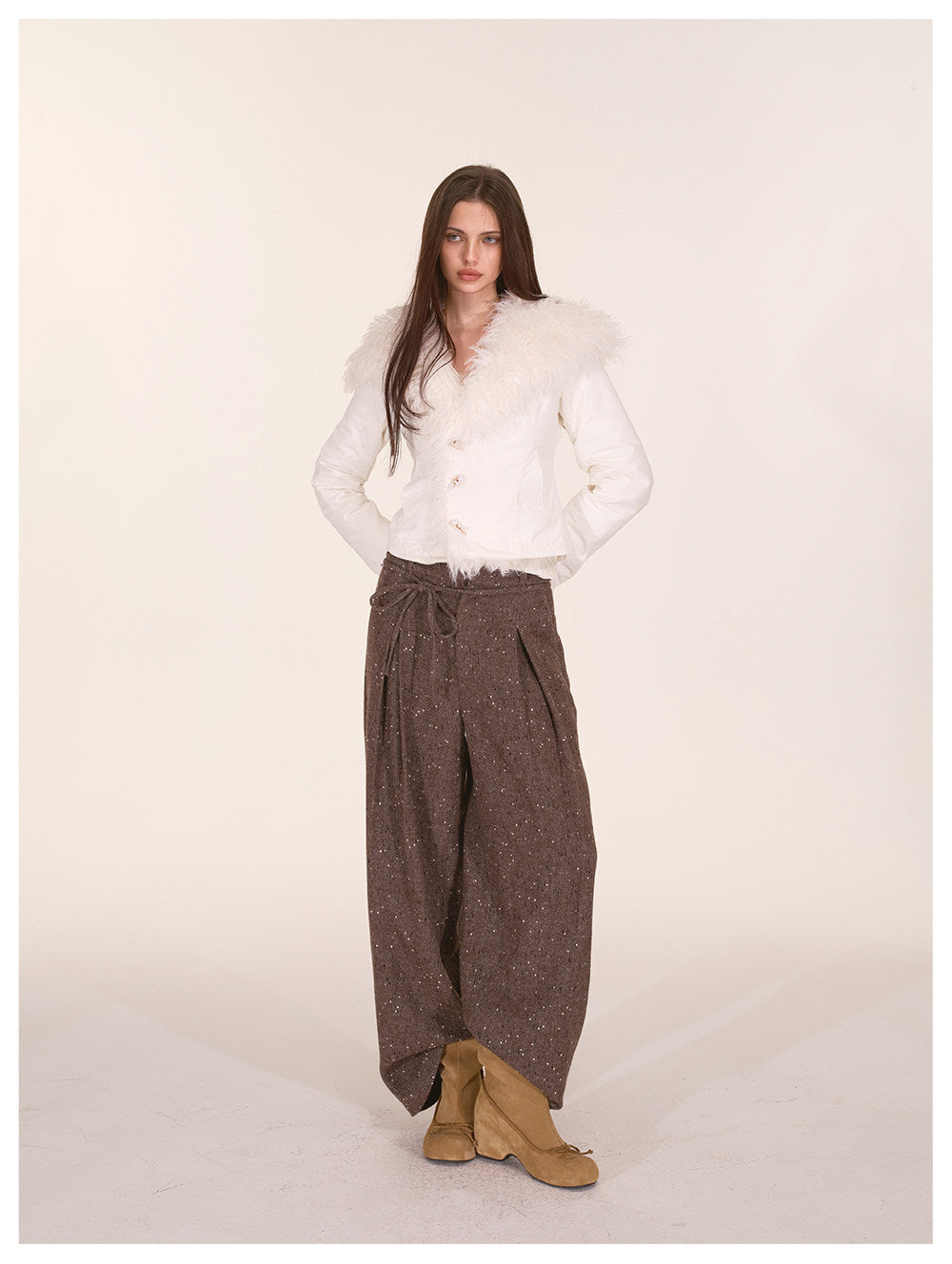 Wool Tweed Drawstring Wide-Leg Trousers