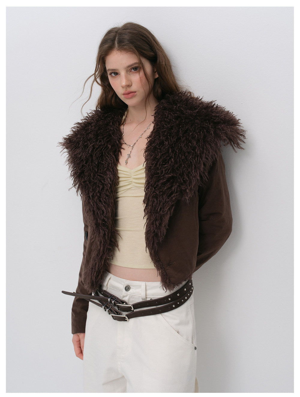 Textured Fur Collar Cropped Jacket