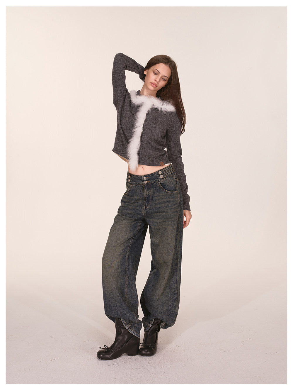 Cardigan corto con bordo in pelliccia di volpe