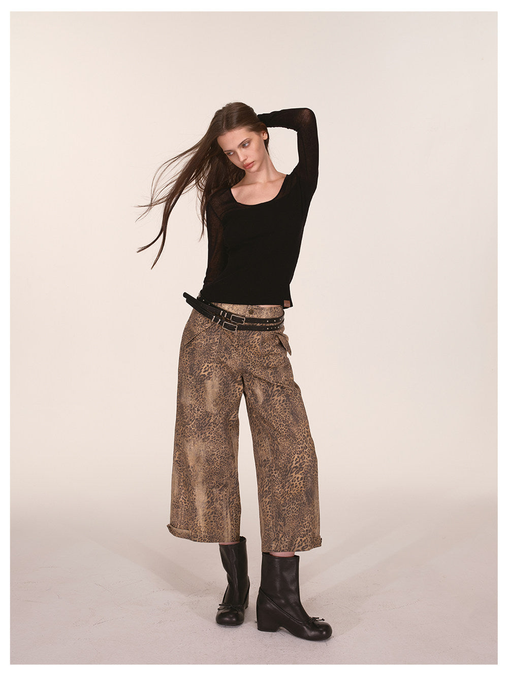 Distressed Leopard Wide-Leg Jeans