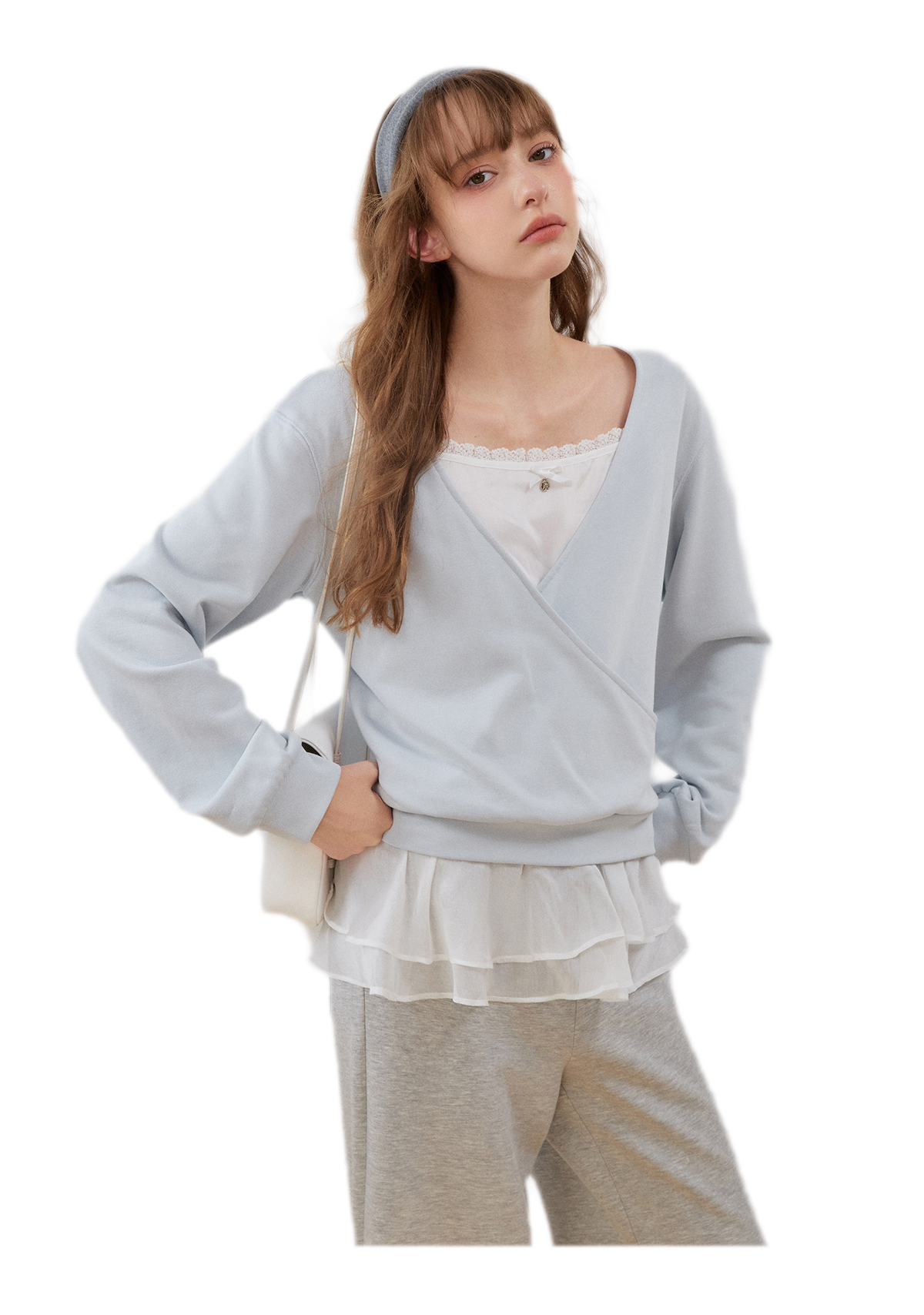Sweatshirt met kanten ruches en V-hals