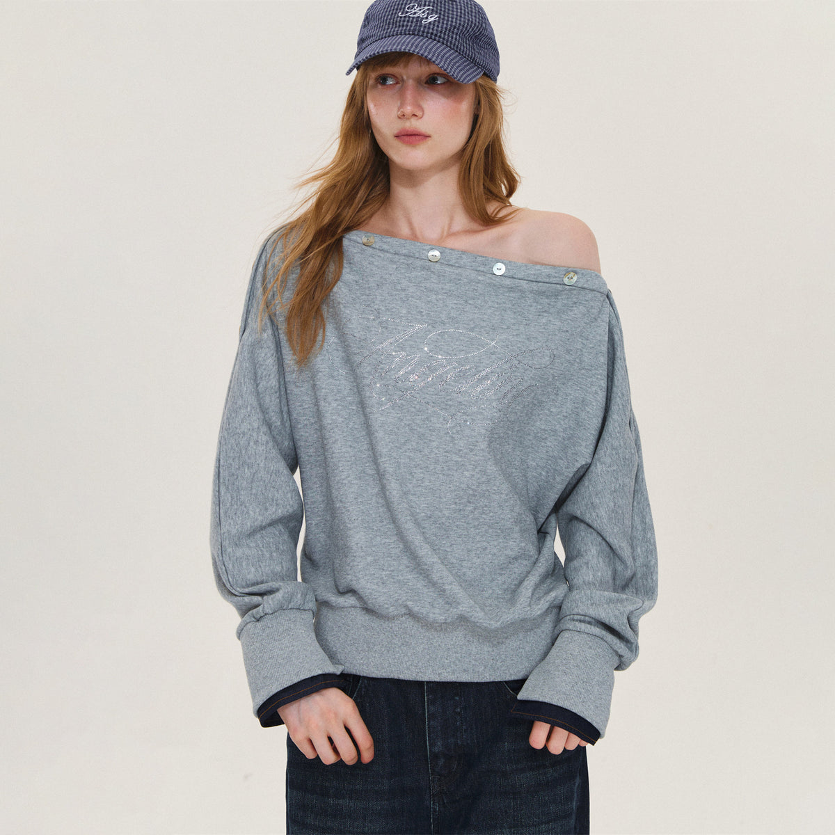 Rhinestone Off-Shoulder Relaxed Sweatshirt