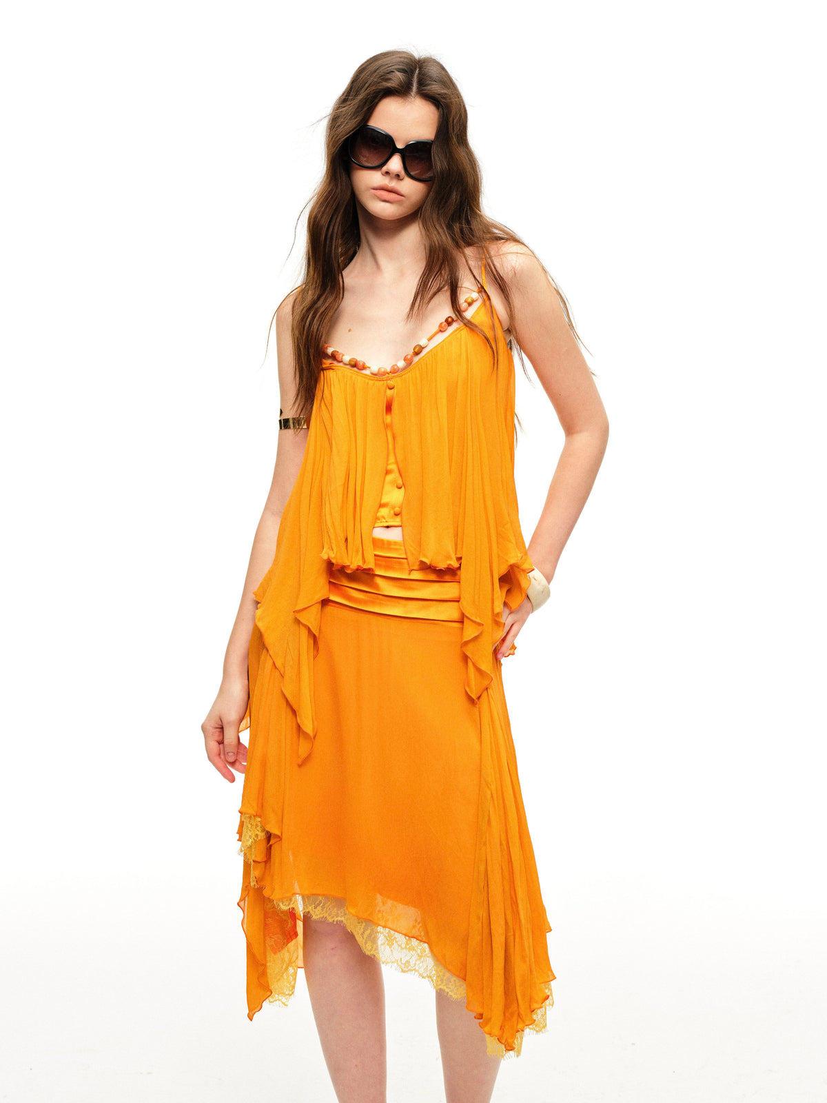 Bộ chân váy bất đối xứng đính hạt bằng Rayon