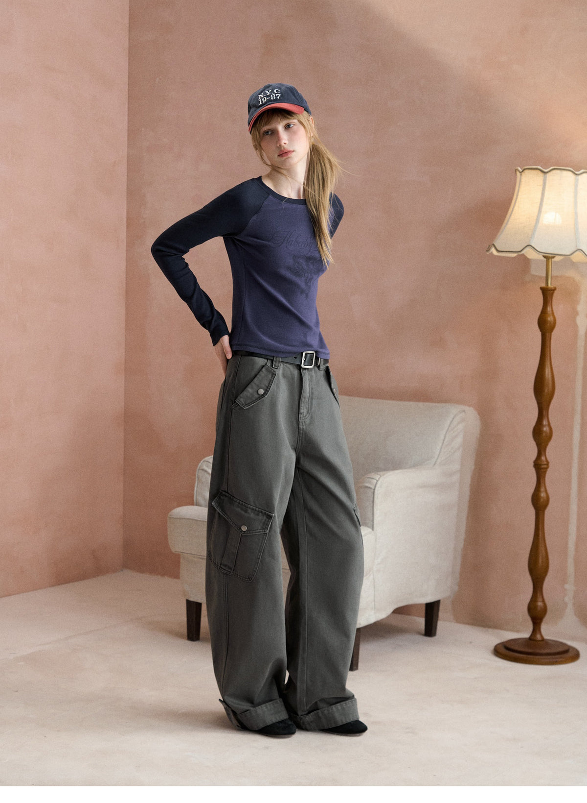 Gewaschene Cargo-Hose aus Baumwolle mit weitem Bein
