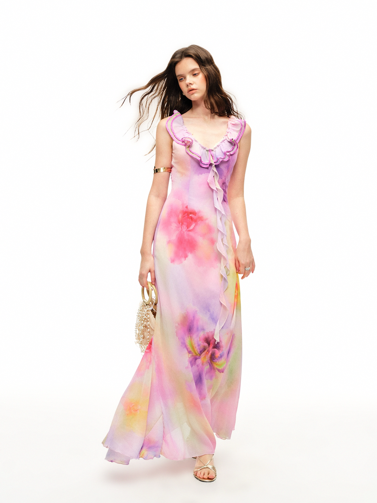 Watercolor Ruffle V-Neck Dress