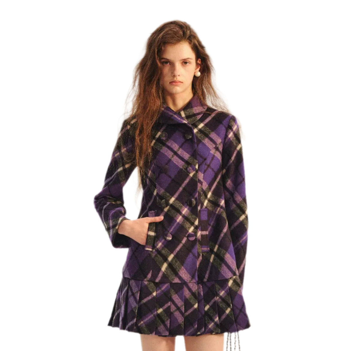 Plaid Pleated A-Line Wool Coat