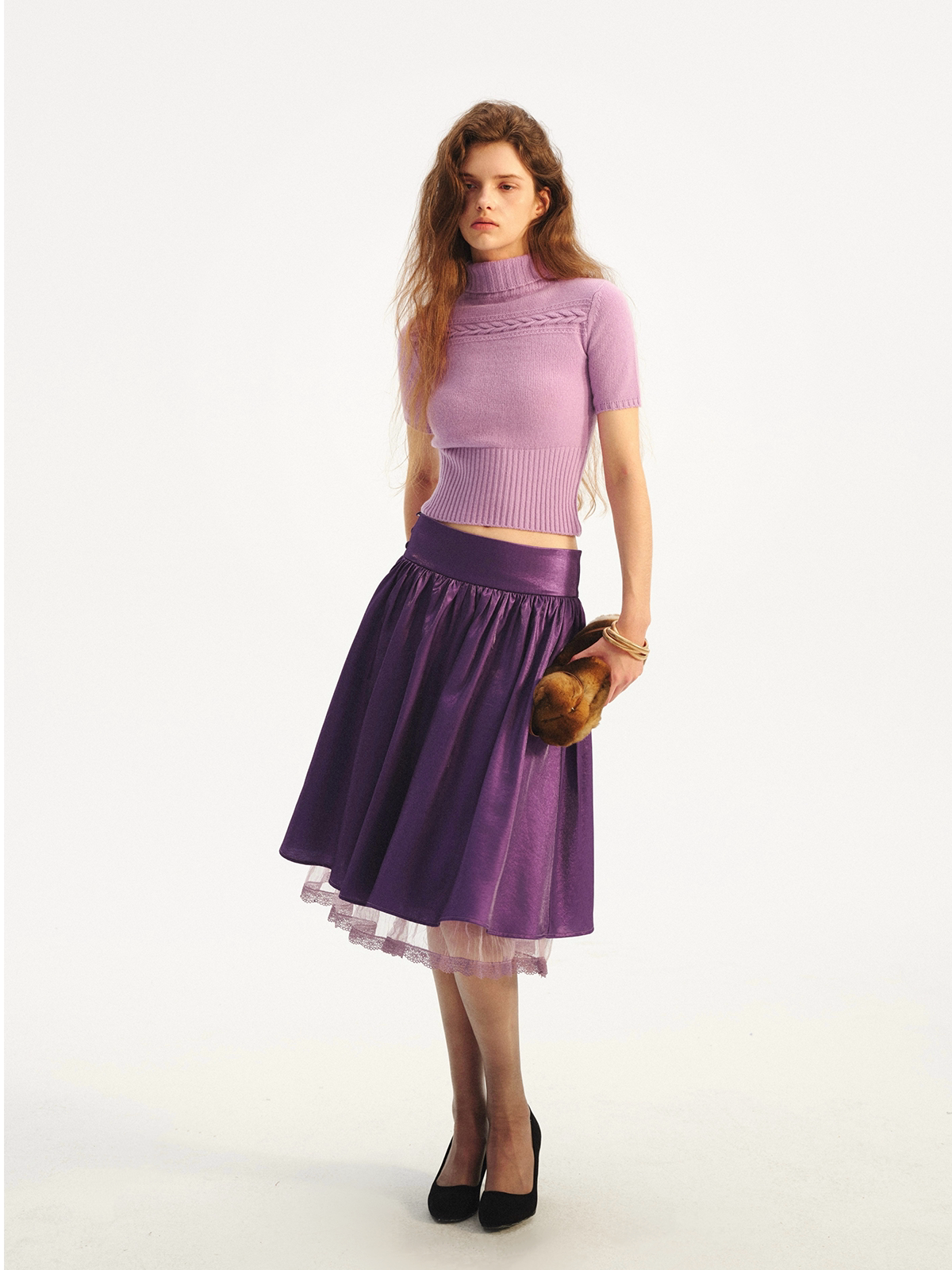 Jersey de cuello alto corto de punto trenzado 100% lana