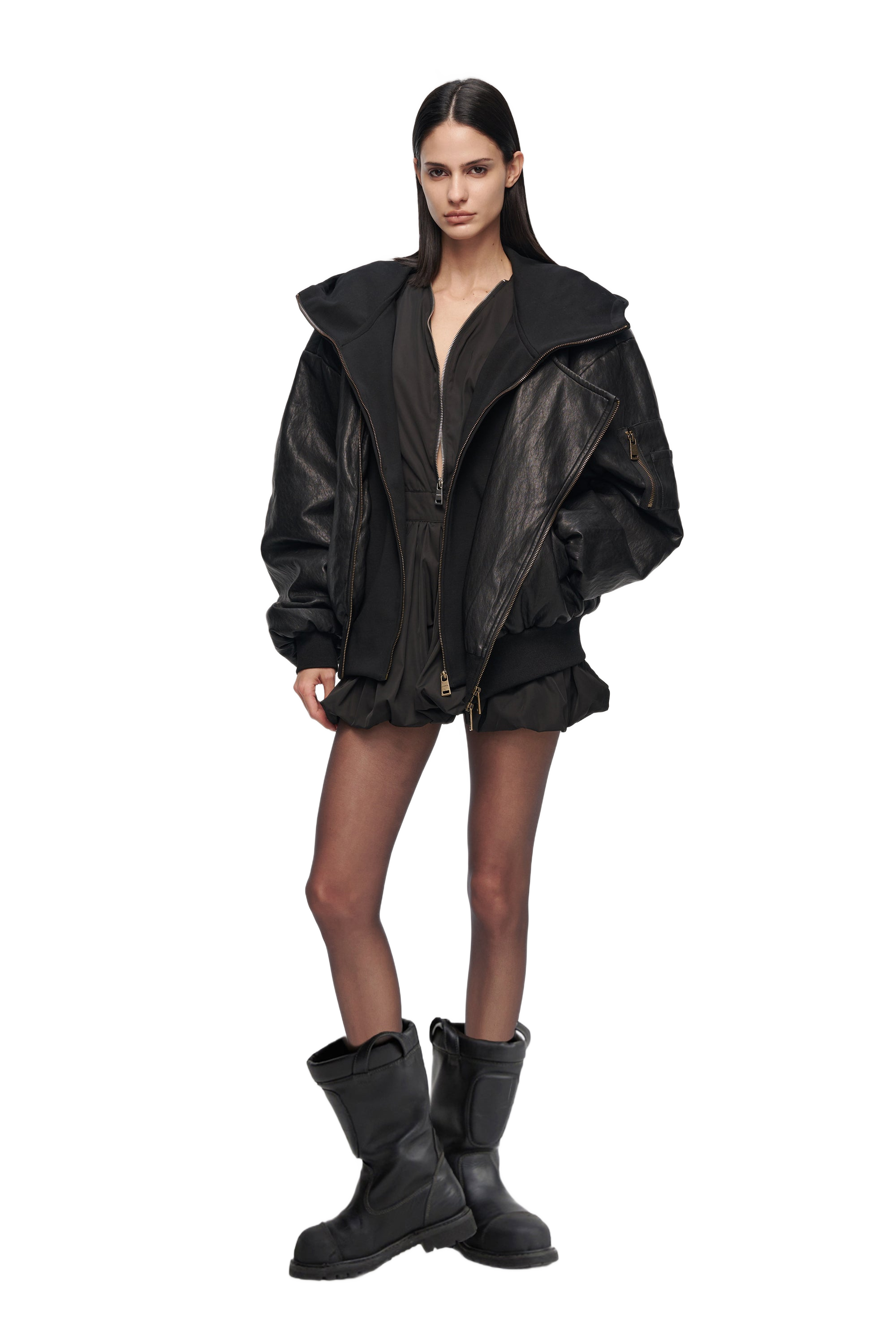 Oversized Leather Bomber Jacket in Black