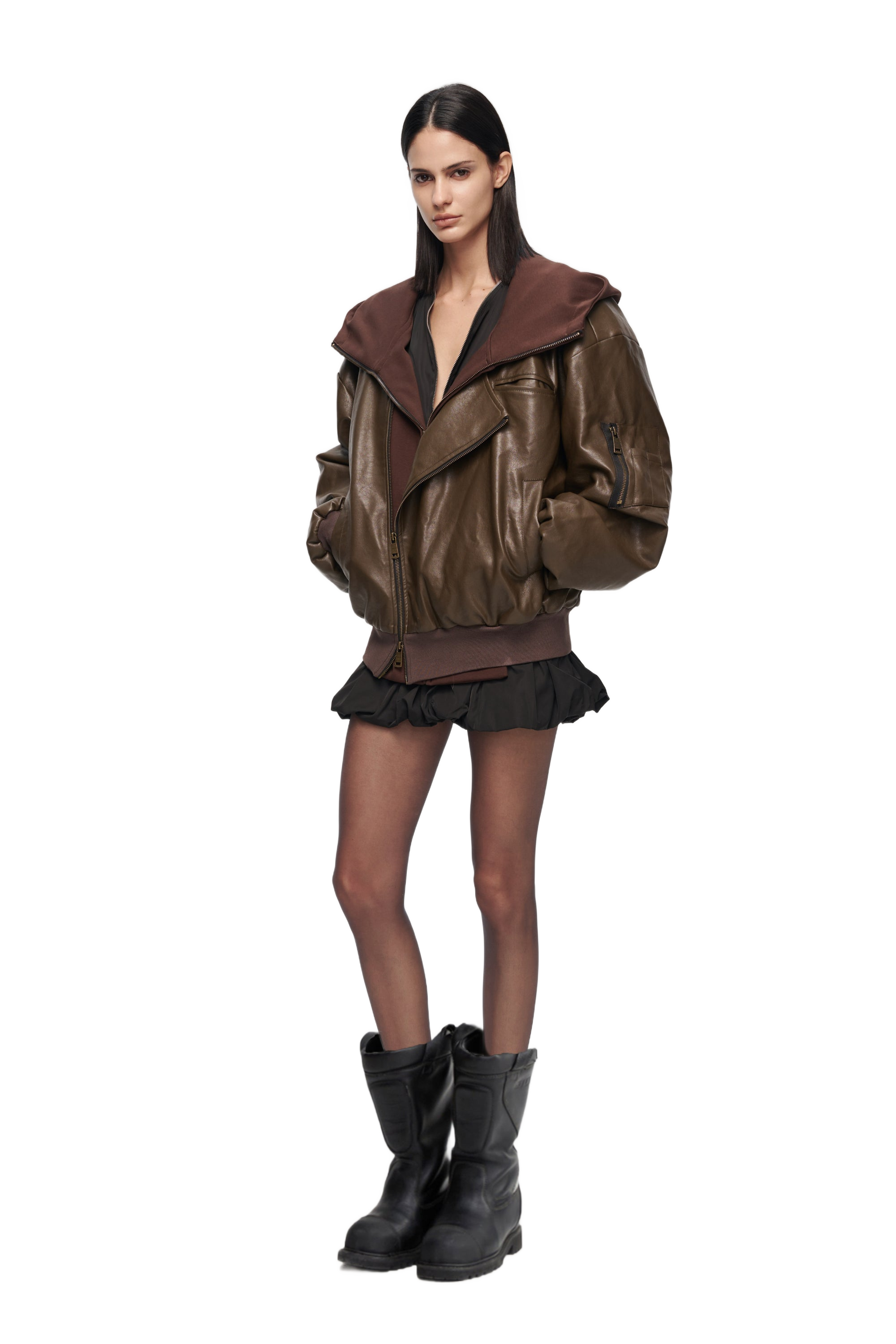 Oversized Leather Bomber Jacket in Brown