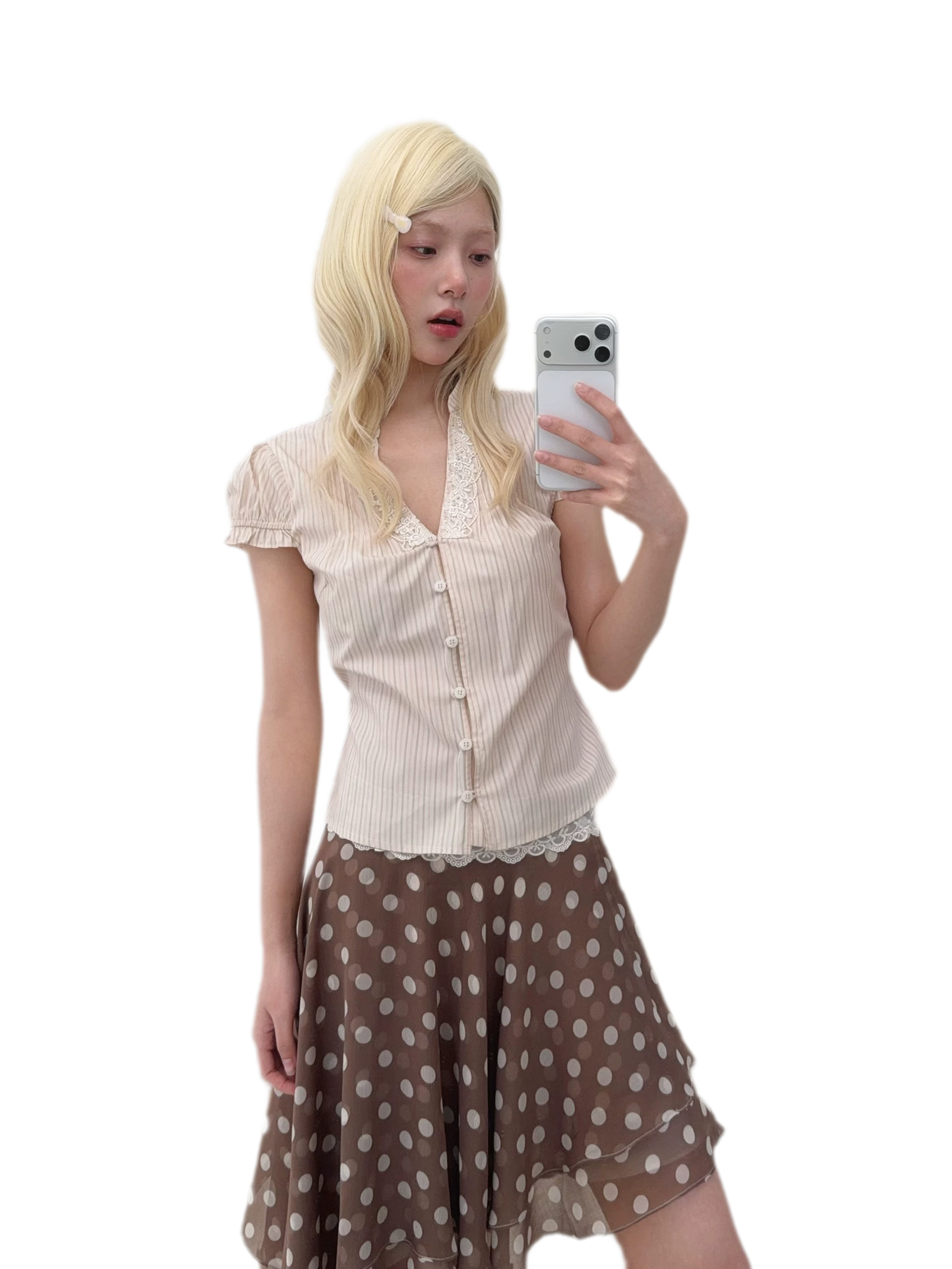 Lace V-Neck Puff Blouse