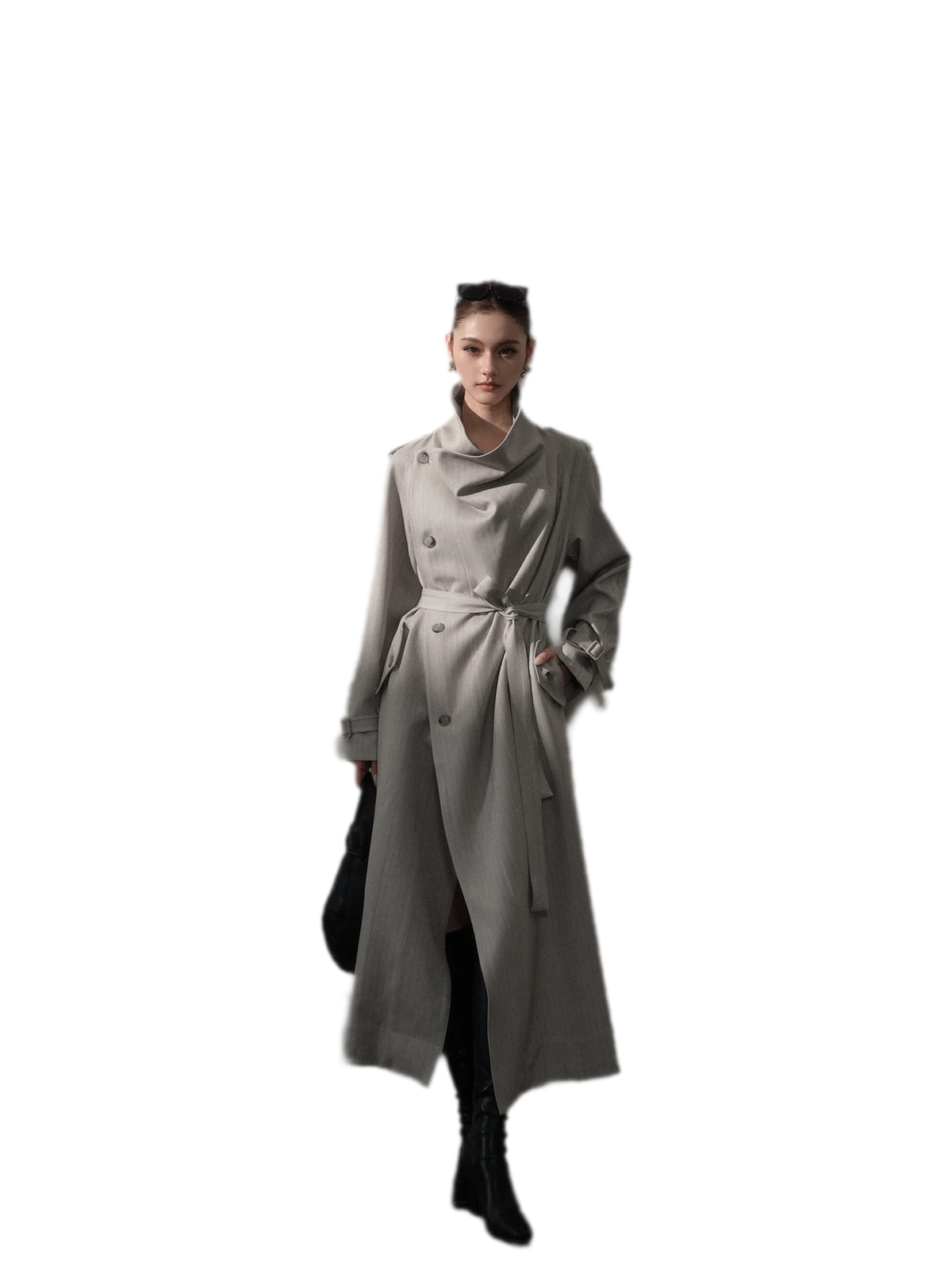 Silver-Thread Striped Long Trench Coat