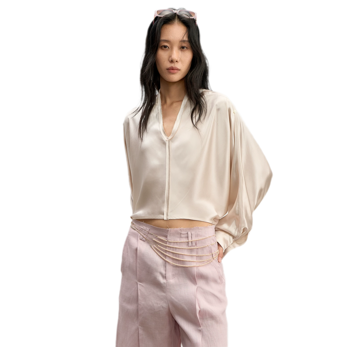Camicia pullover corta in raso di acetato