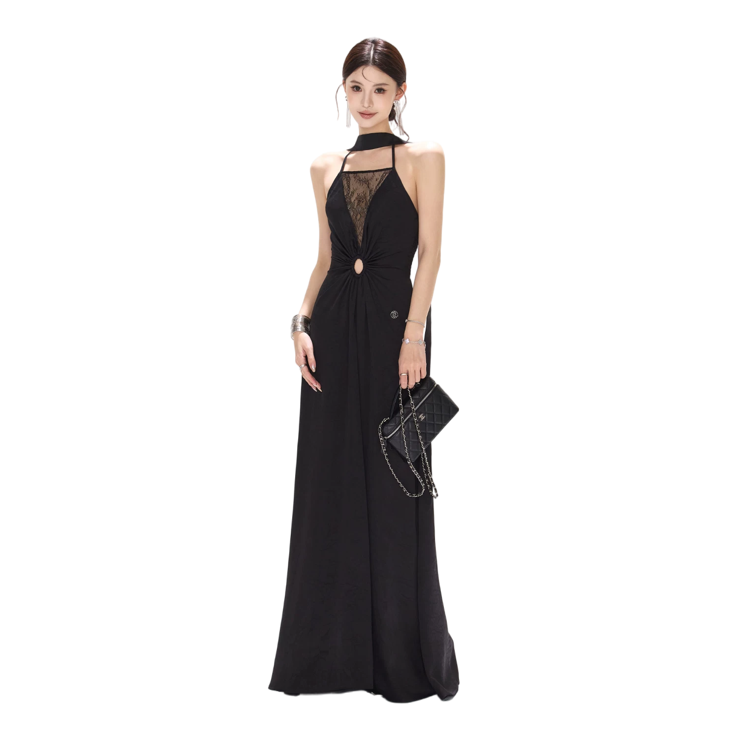 Mesh Lace Deep V Halter Dress with Satin