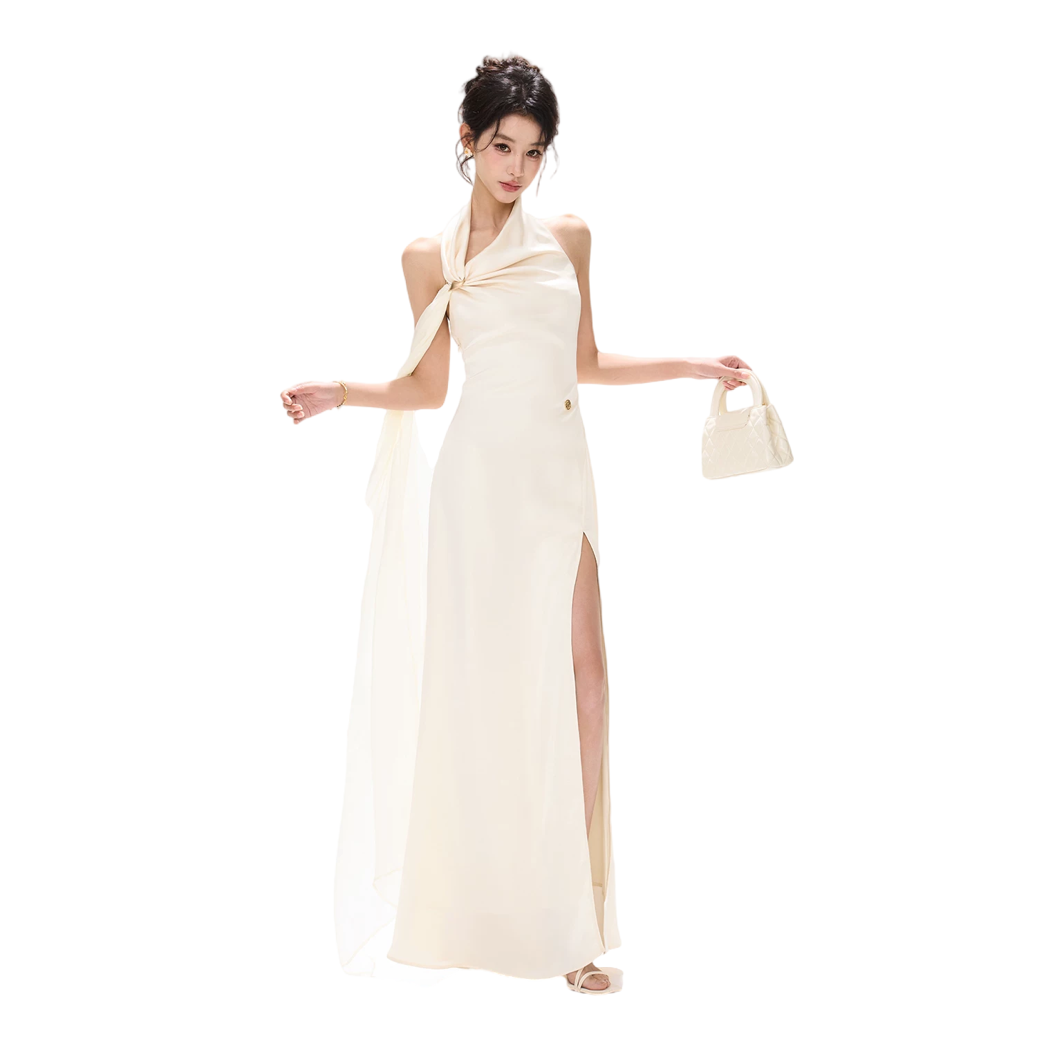 French Style One-Shoulder Backless Halter Long Dress
