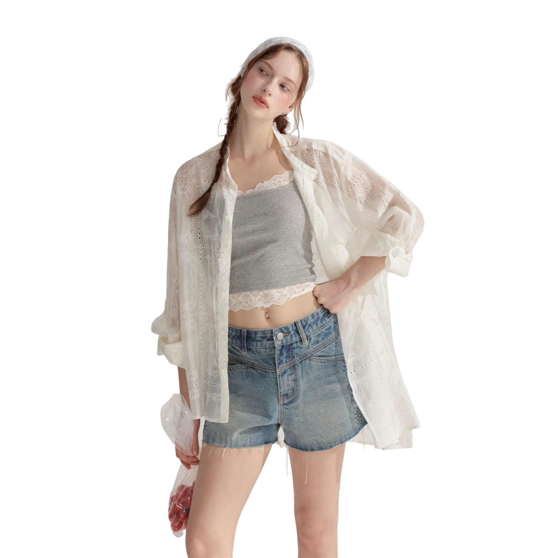 Hollow Embroidered Long Sleeve Sun Protection Shirt