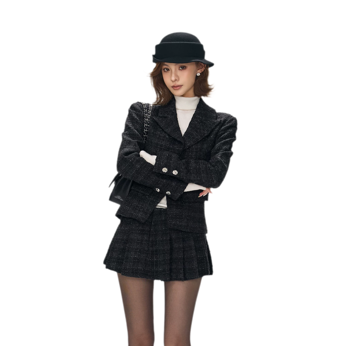Tweed Jacket Pleated Skirt Set