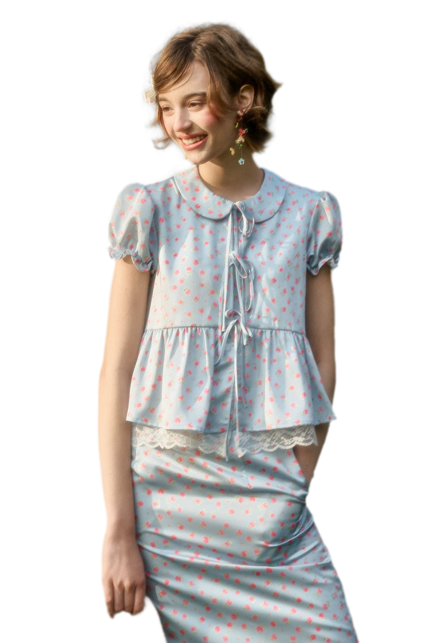 Soft Misty Blue Doll Collar Satin Floral Shirt