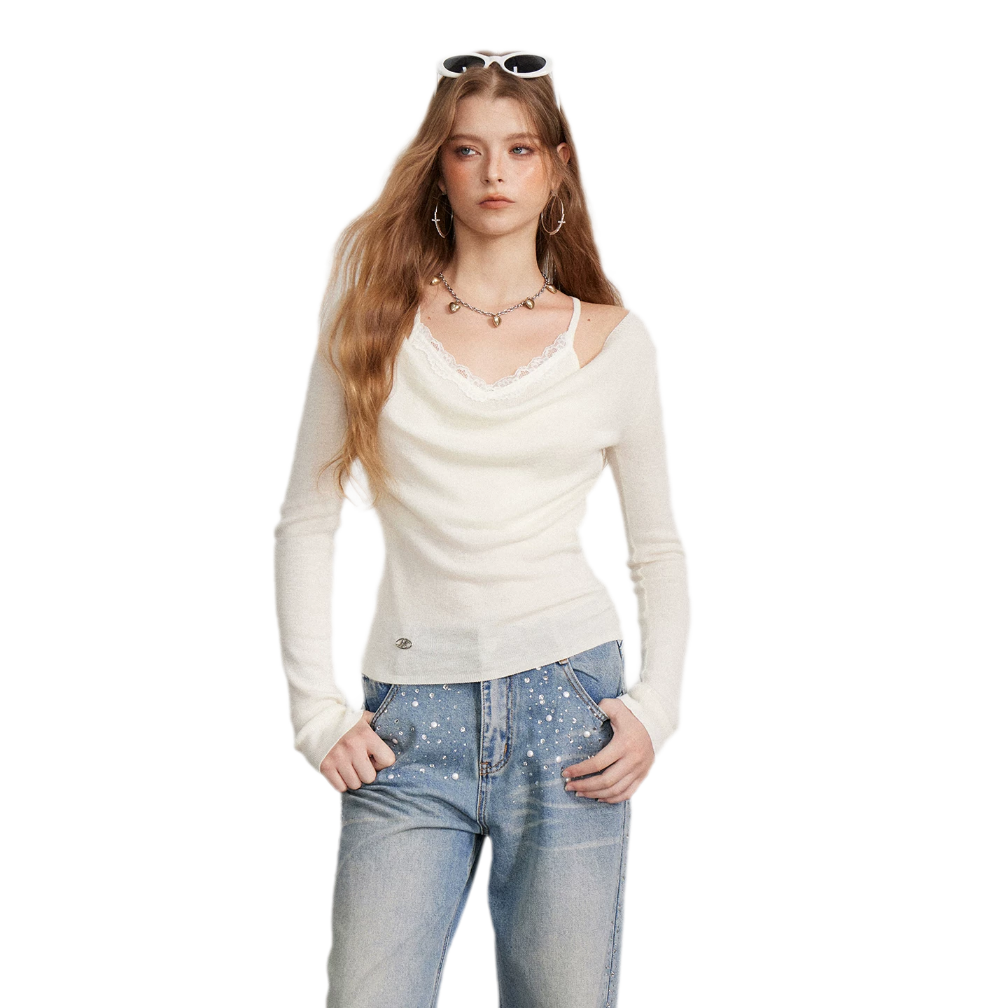 Draped Lace Trim Knit Top