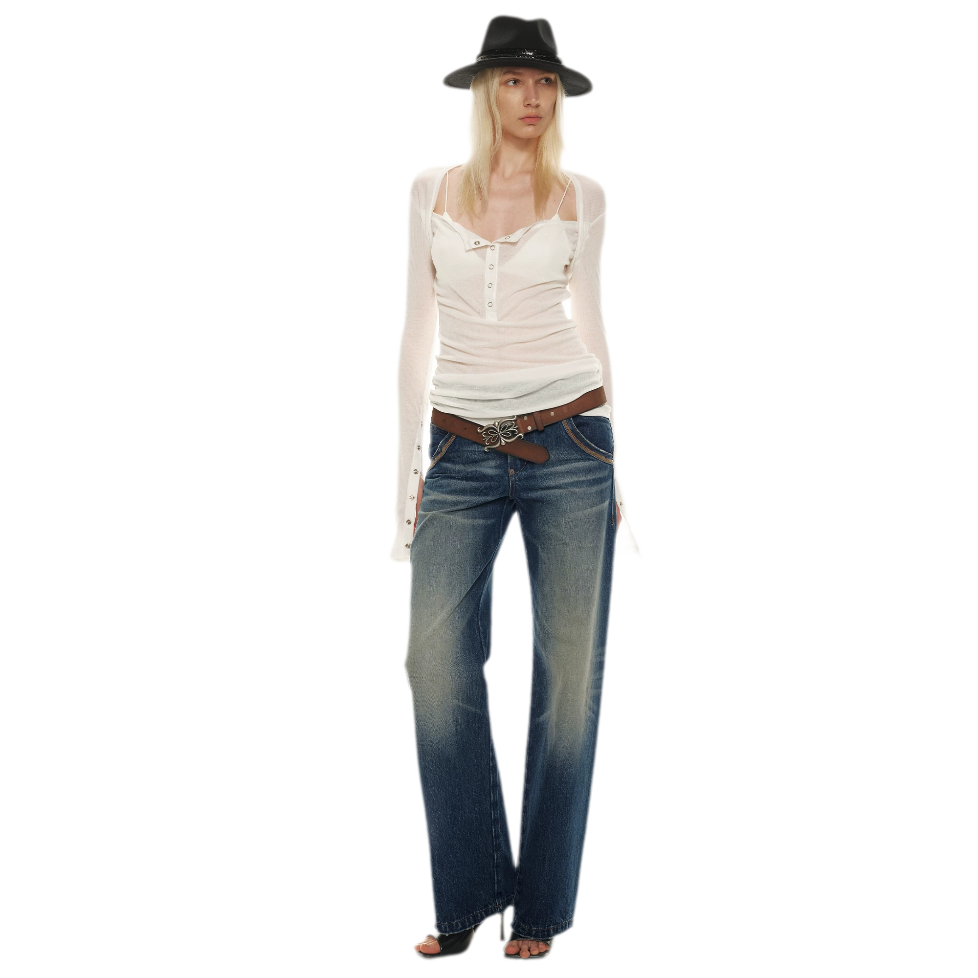 Classic Vintage Washed Distressed Wide-Leg Jeans