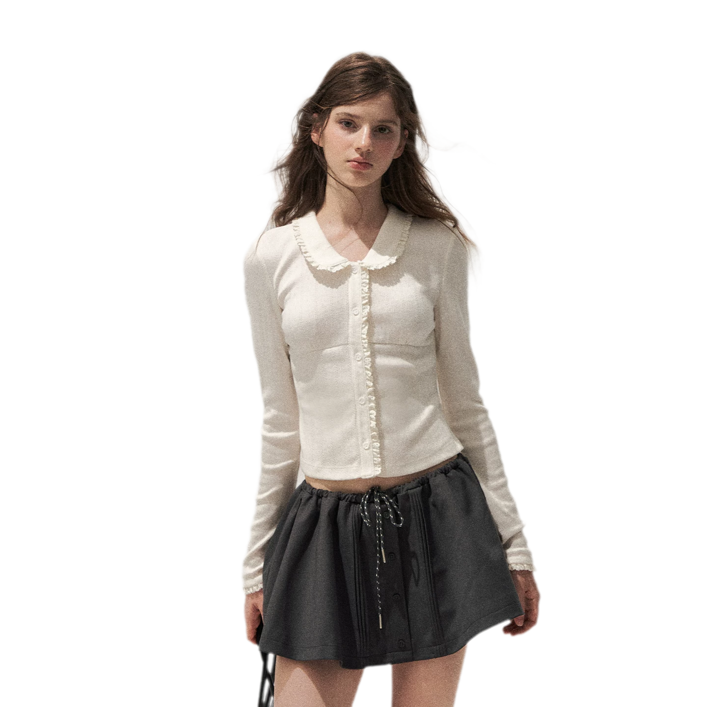Textured Lace Collar Long-Sleeve Top