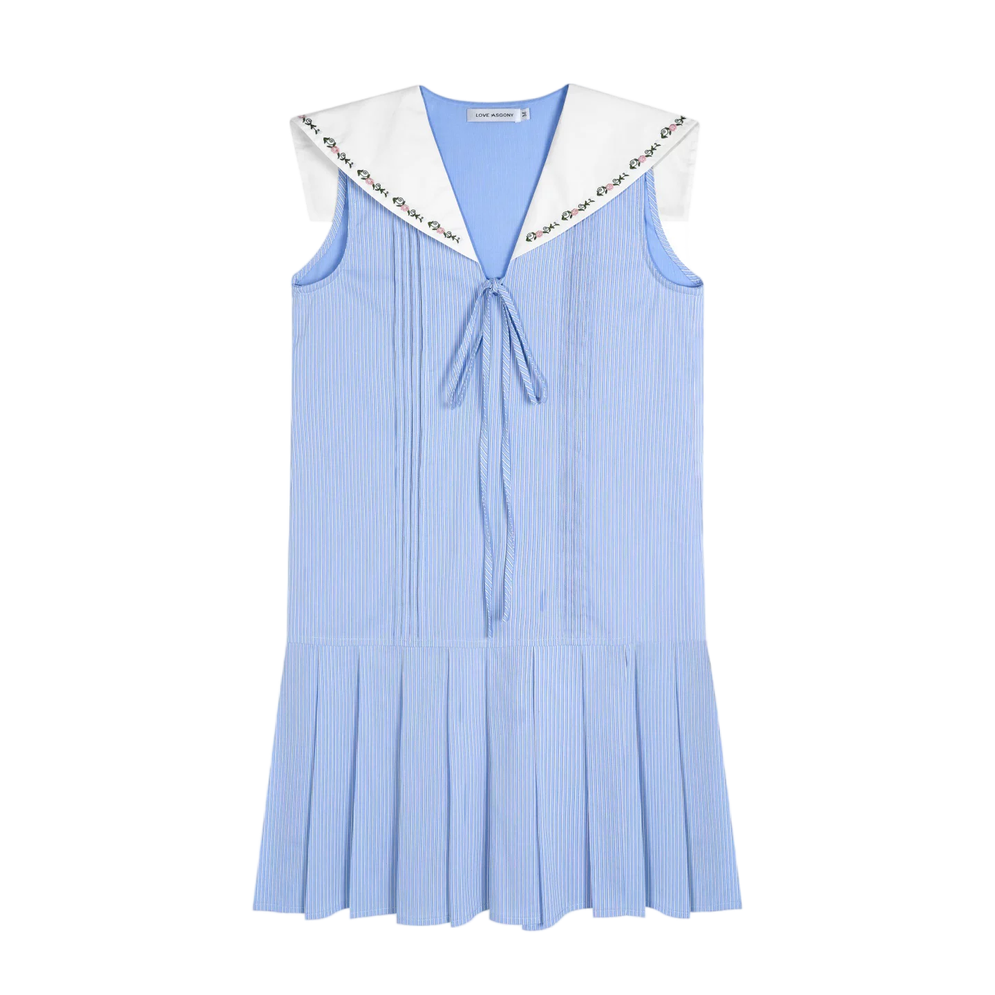 Embroidered Blue Striped Sailor Collar Pleated Dress