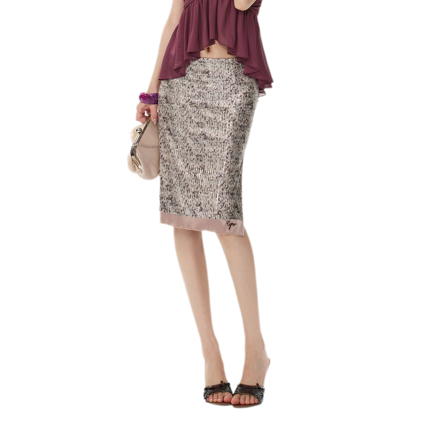 Purple Sequin Slit Skirt