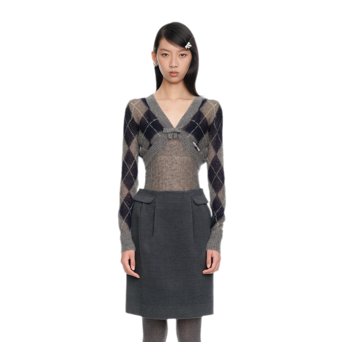 Flauschige Argyle-Strickjacke in verkürzter Länge