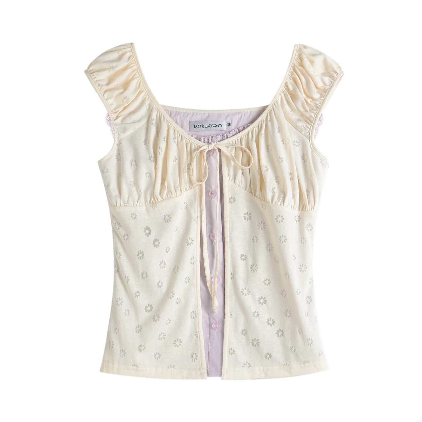 Two-Layer Floral Cutout Contrast Tie-Front Blouse