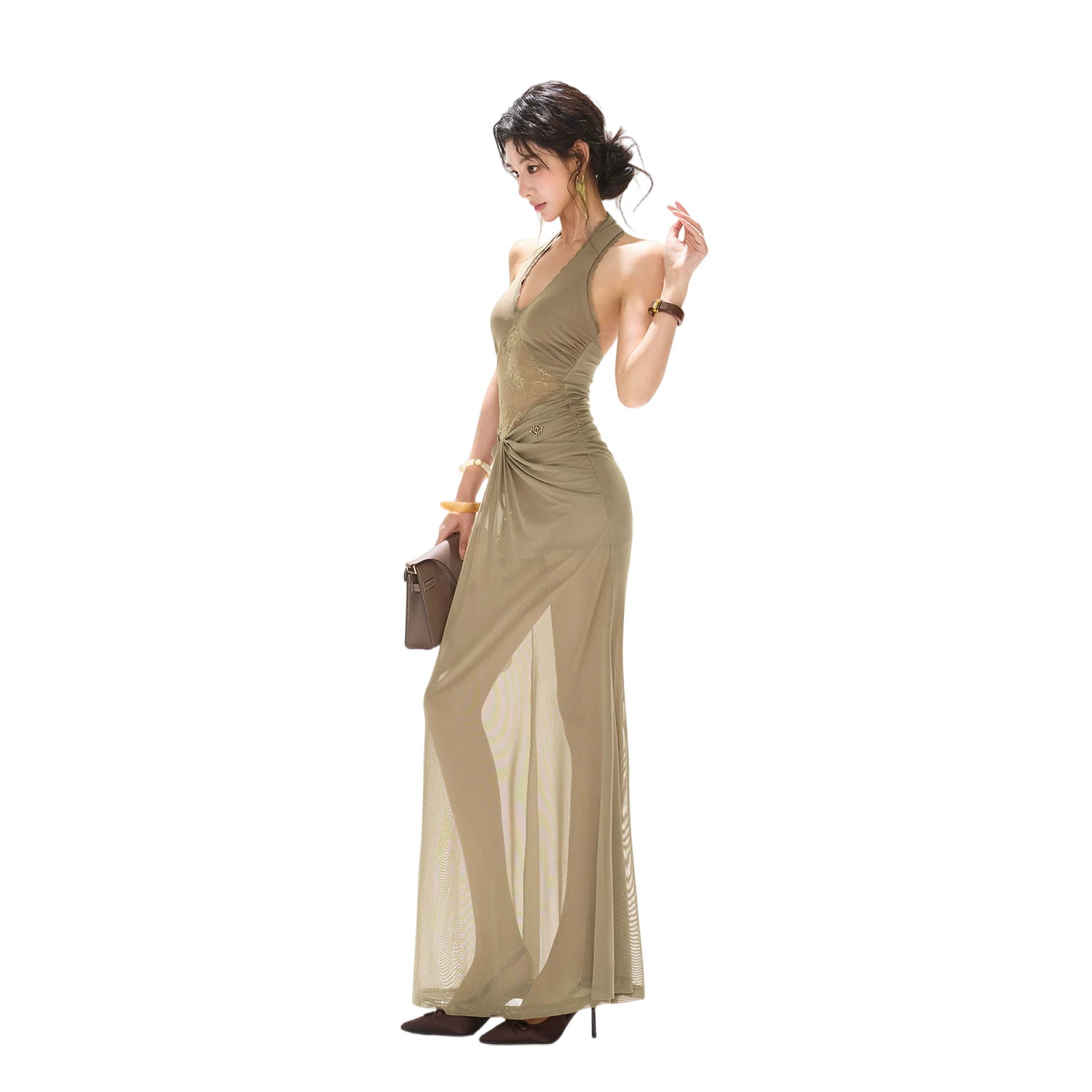 Deep V Neck Halter Lace Mesh Long Dress