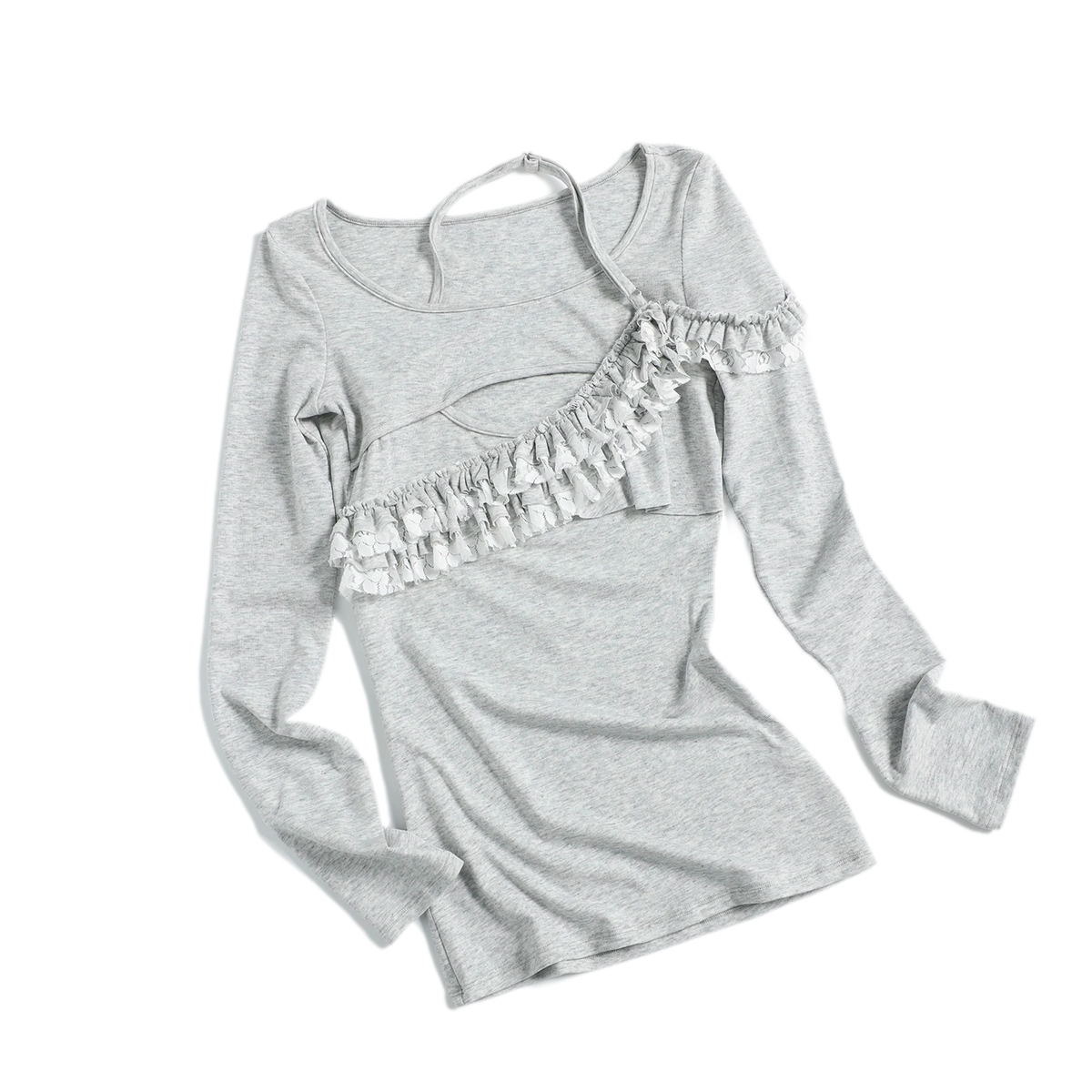 Lace Ruffle Fitted Long-Sleeve Top