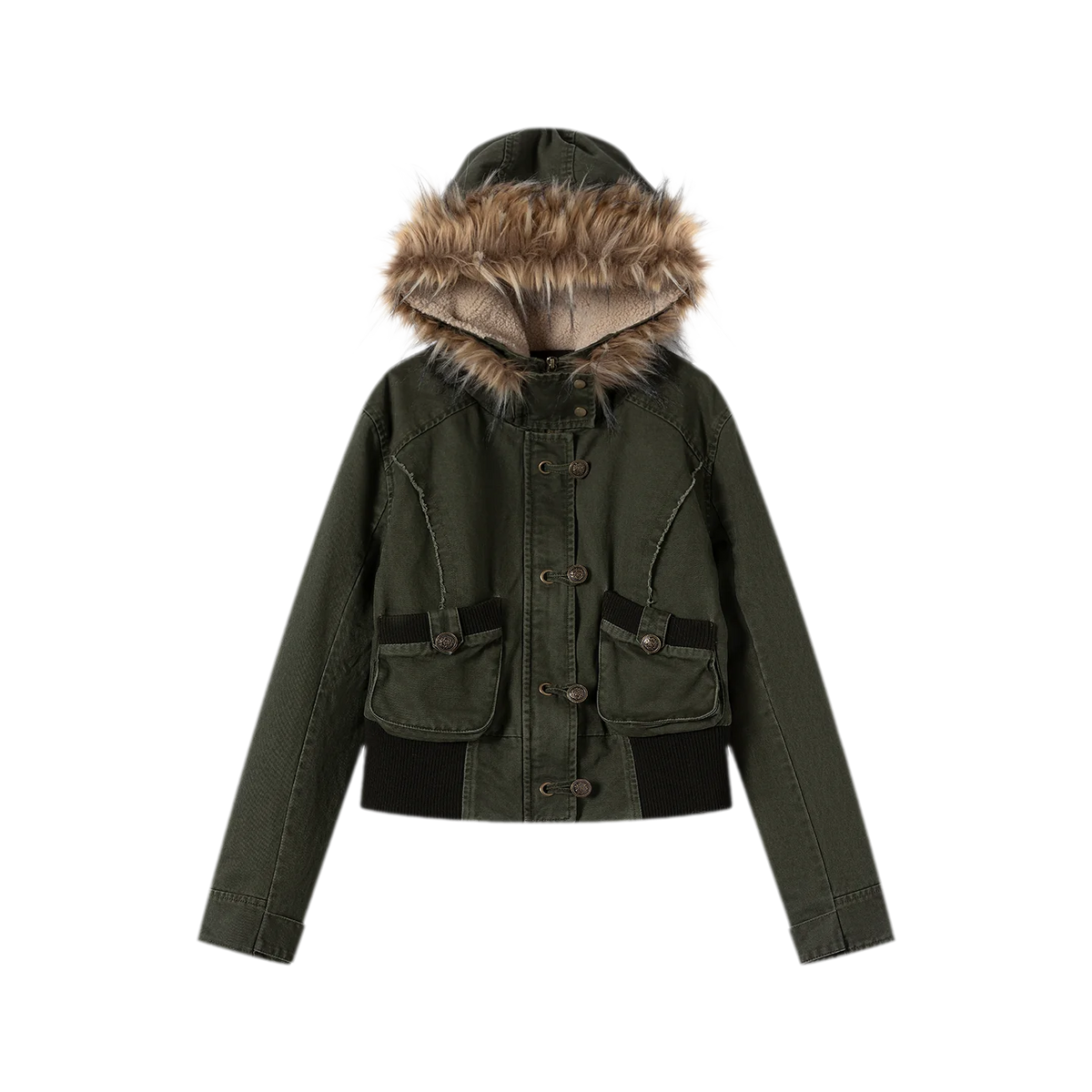 Washed Quilted Fur-Trim Hooded Jacket