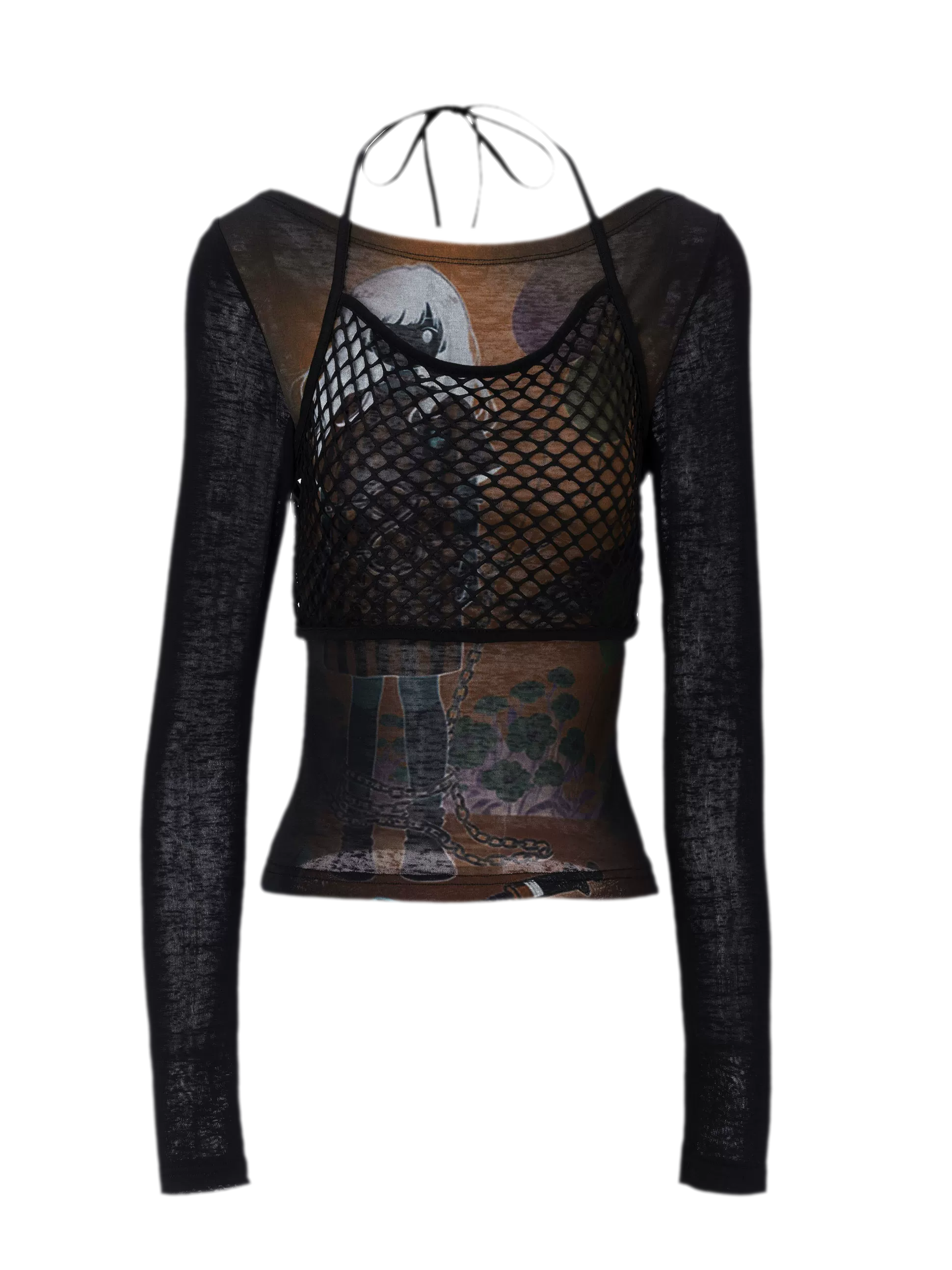 Printed Mesh Fitted Long-Sleeve Top