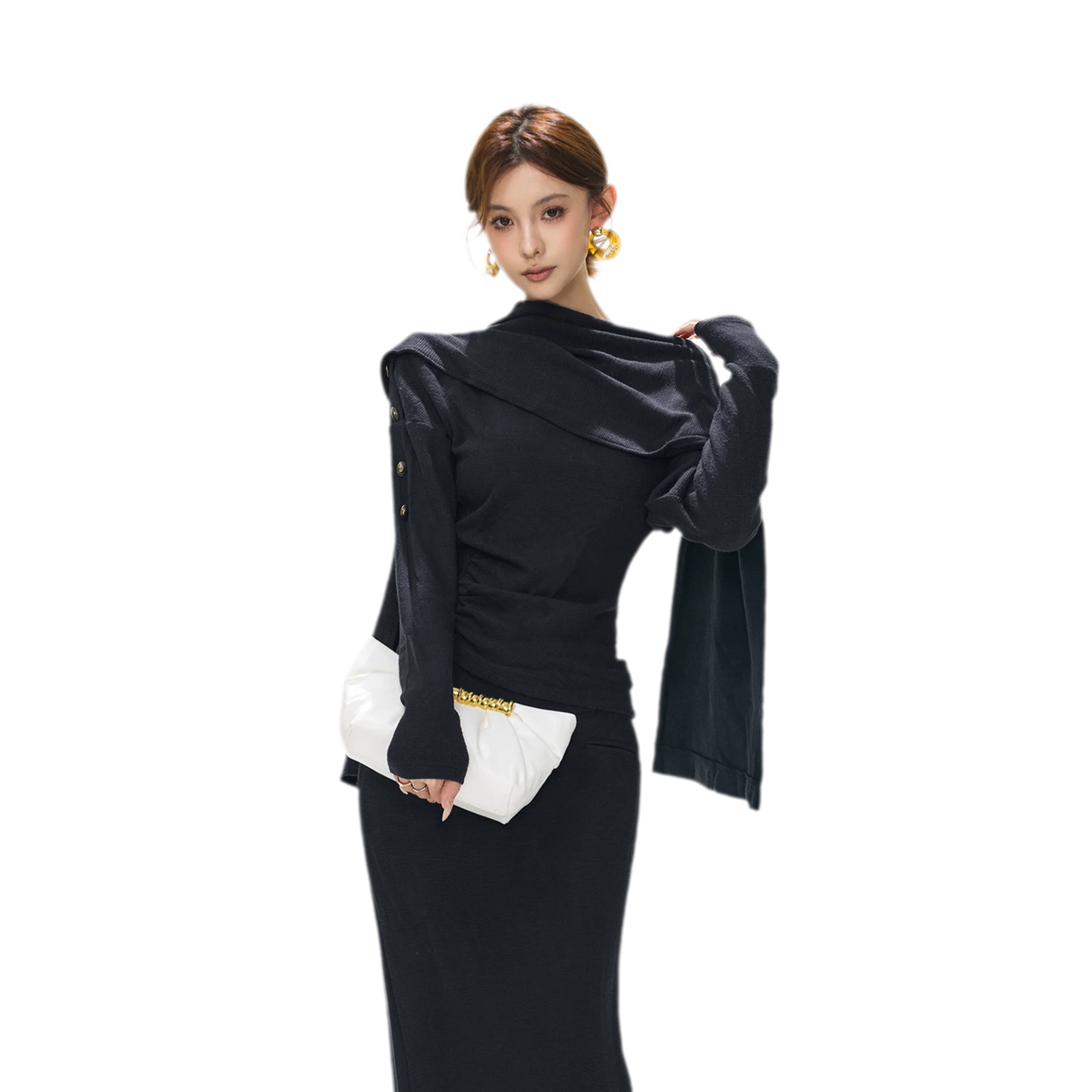 Textured Ruched Shawl Knit Set