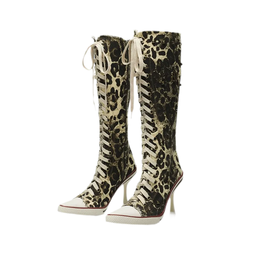Studded Lace-Up Knee-High Boots