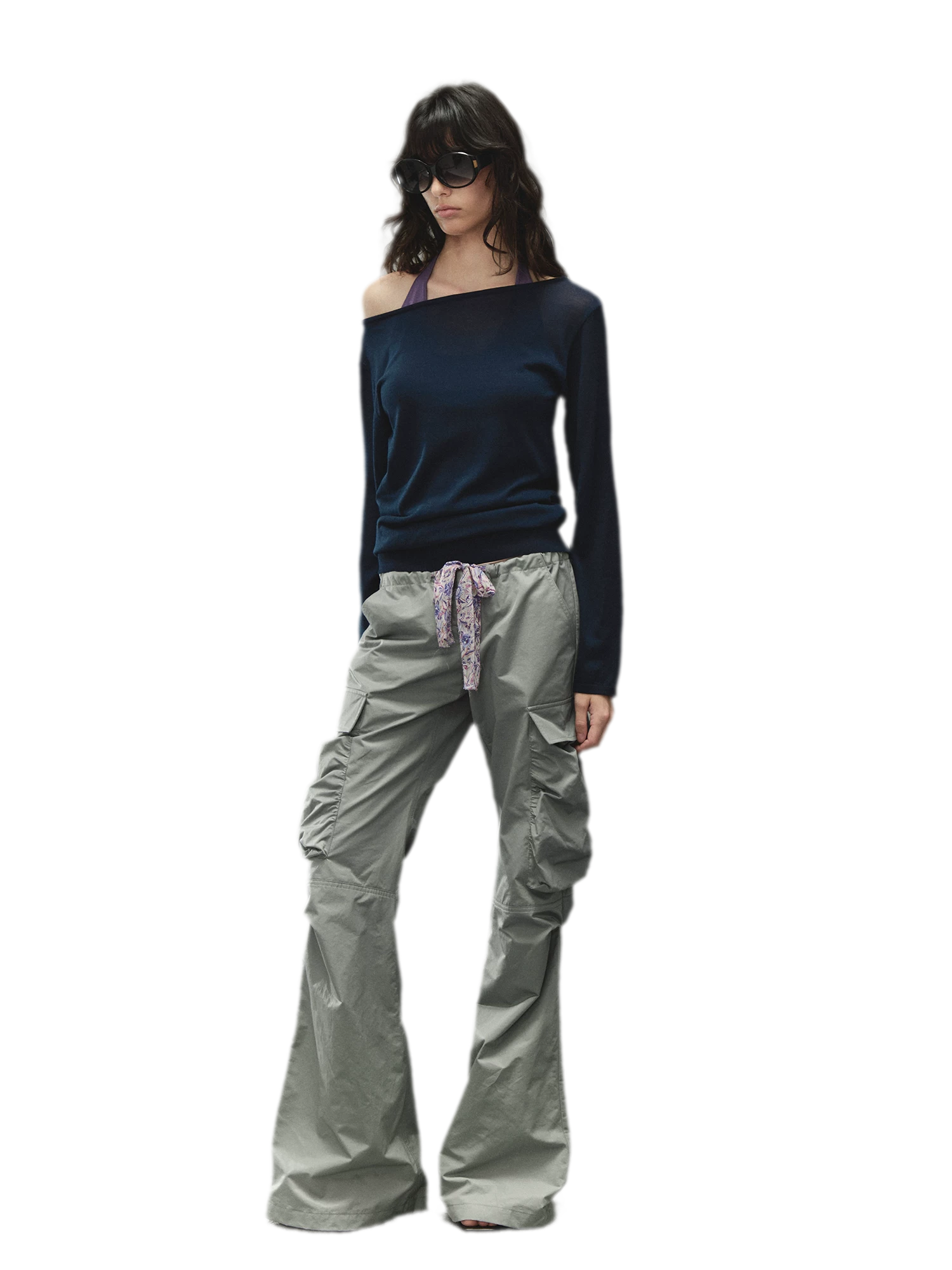 Printed Waistband Drawstring Multi-Pocket Low-Waist Cargo Pants